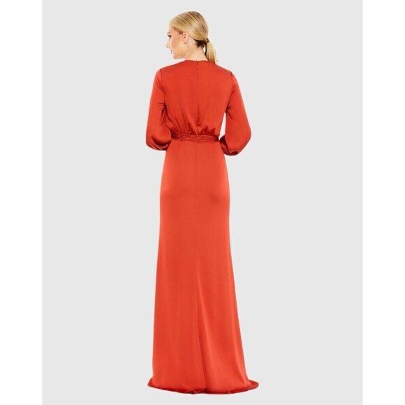MAC DUGGAL Size 4 Orange SATIN RUCHED BISHOP SLEEVE Cocktail GOWN Dress $398 New - Picture 3 of 15